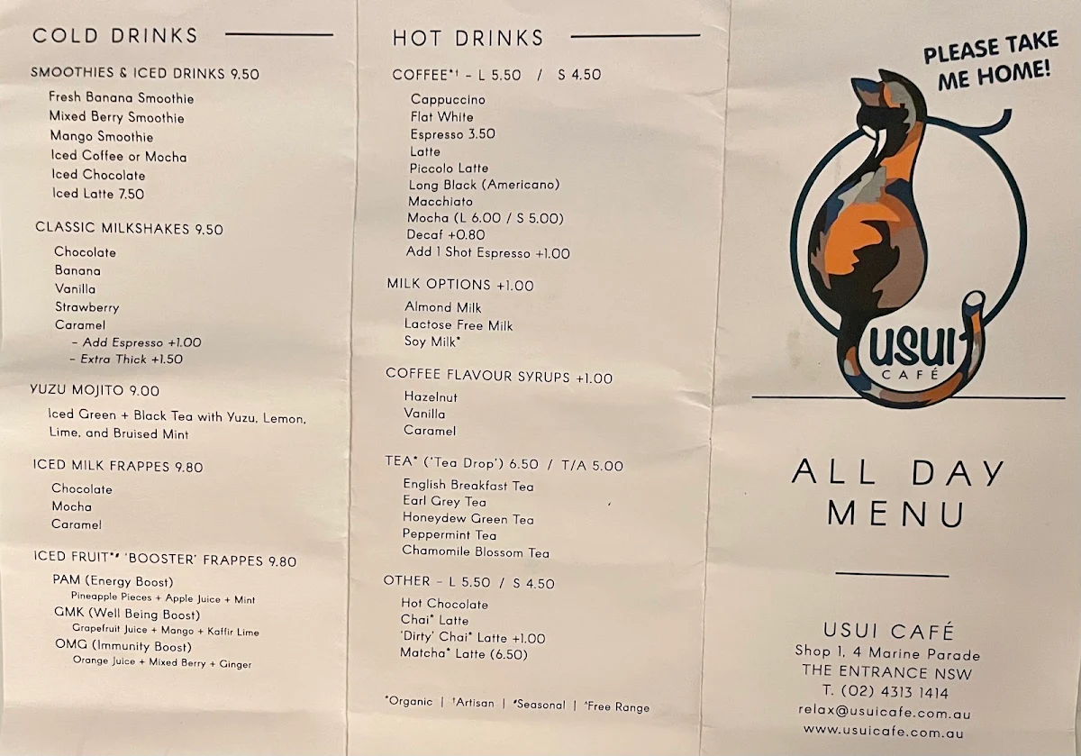 Menu, Usui Café