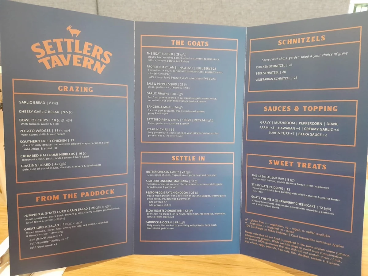 Menu, Settlers Tavern