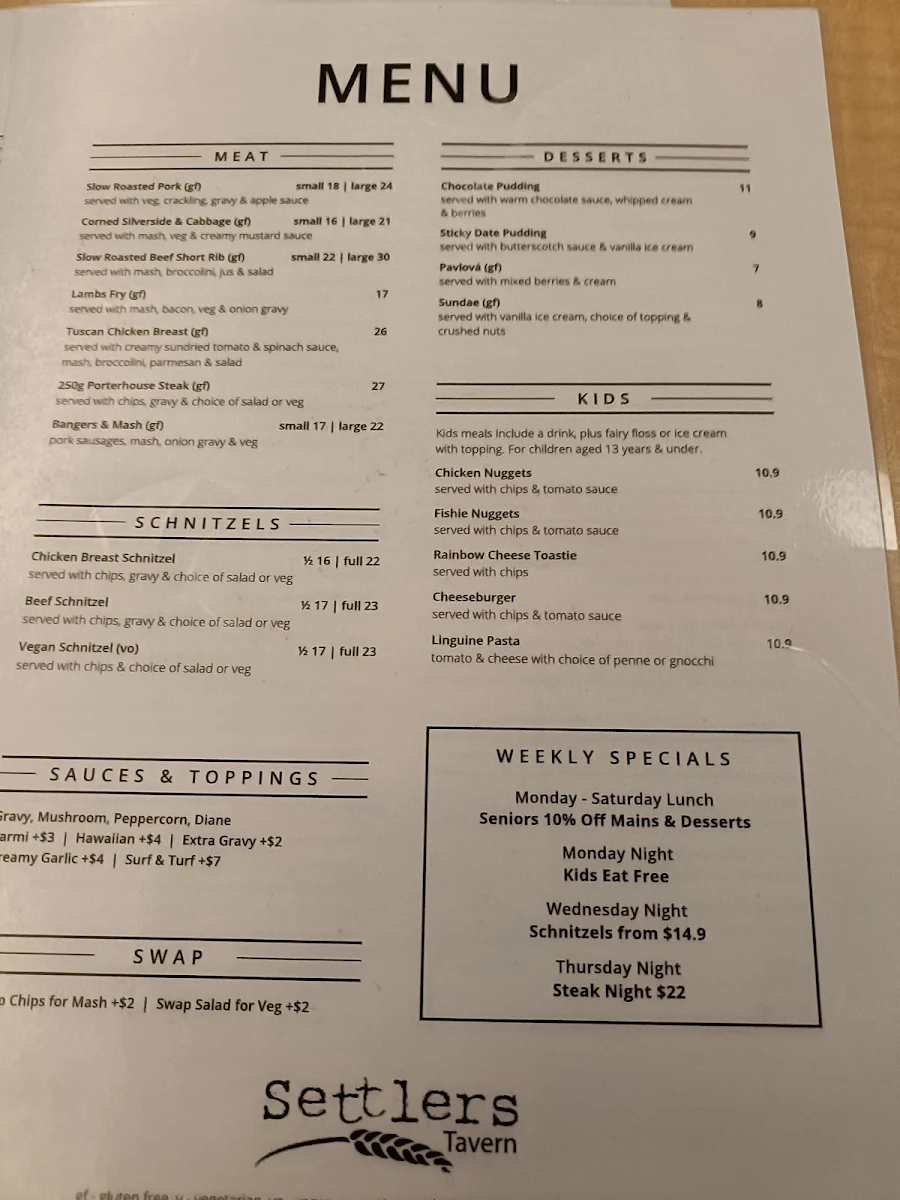 Menu, Settlers Tavern
