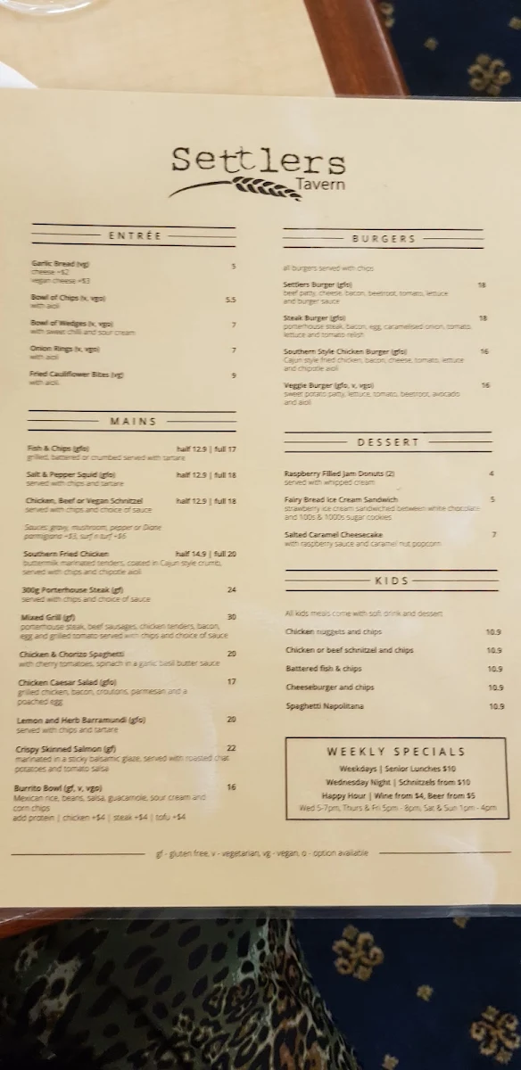 Menu, Settlers Tavern