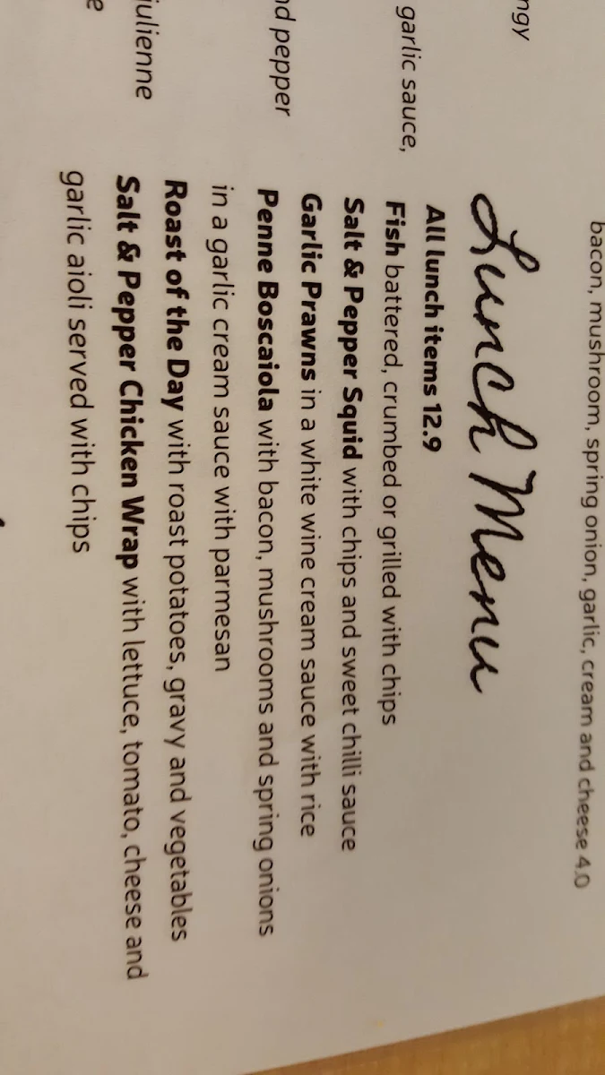 Menu, Settlers Tavern