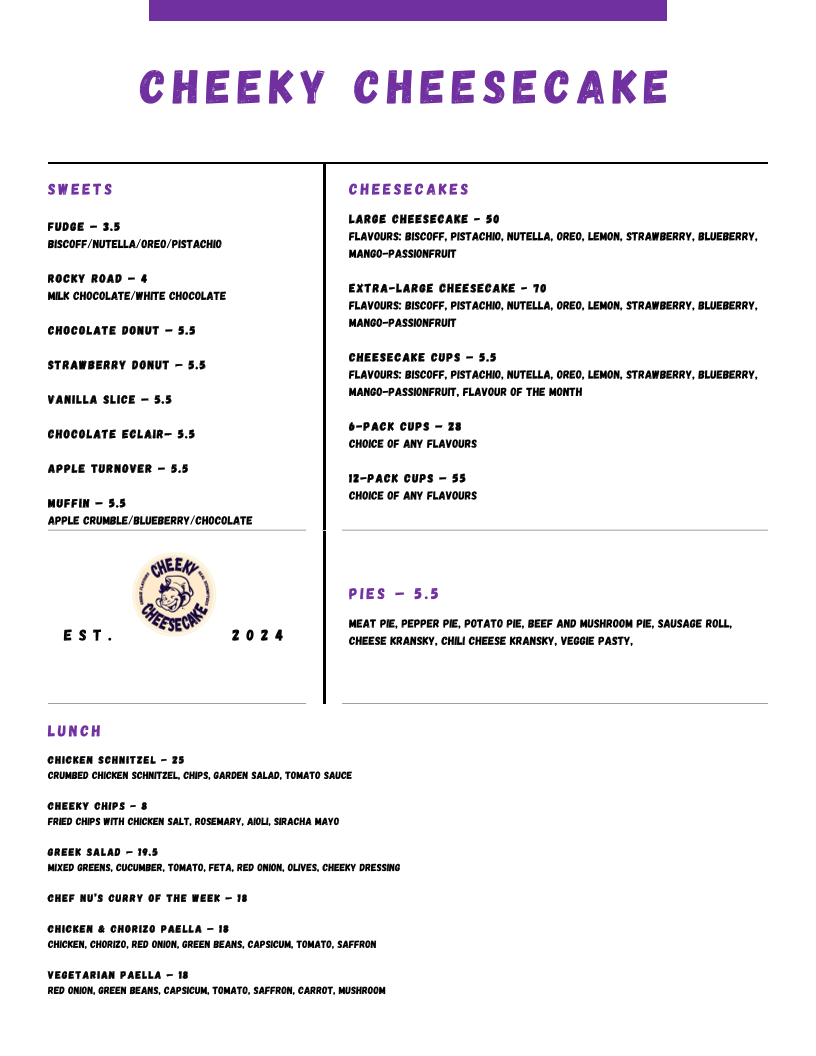 Menu, Cheeky Cheesecake 🍰🎂