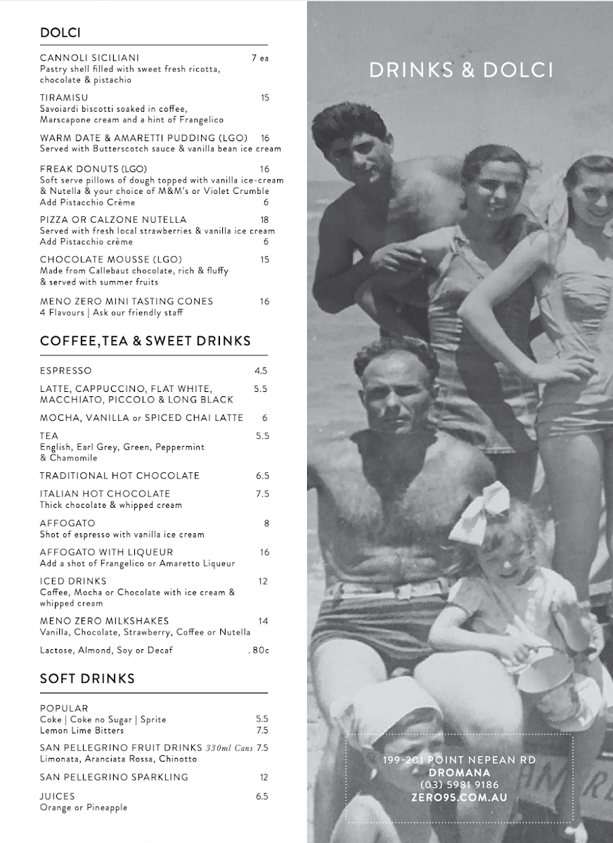 Menu, Zero95 Pizza Bar Doncaster East