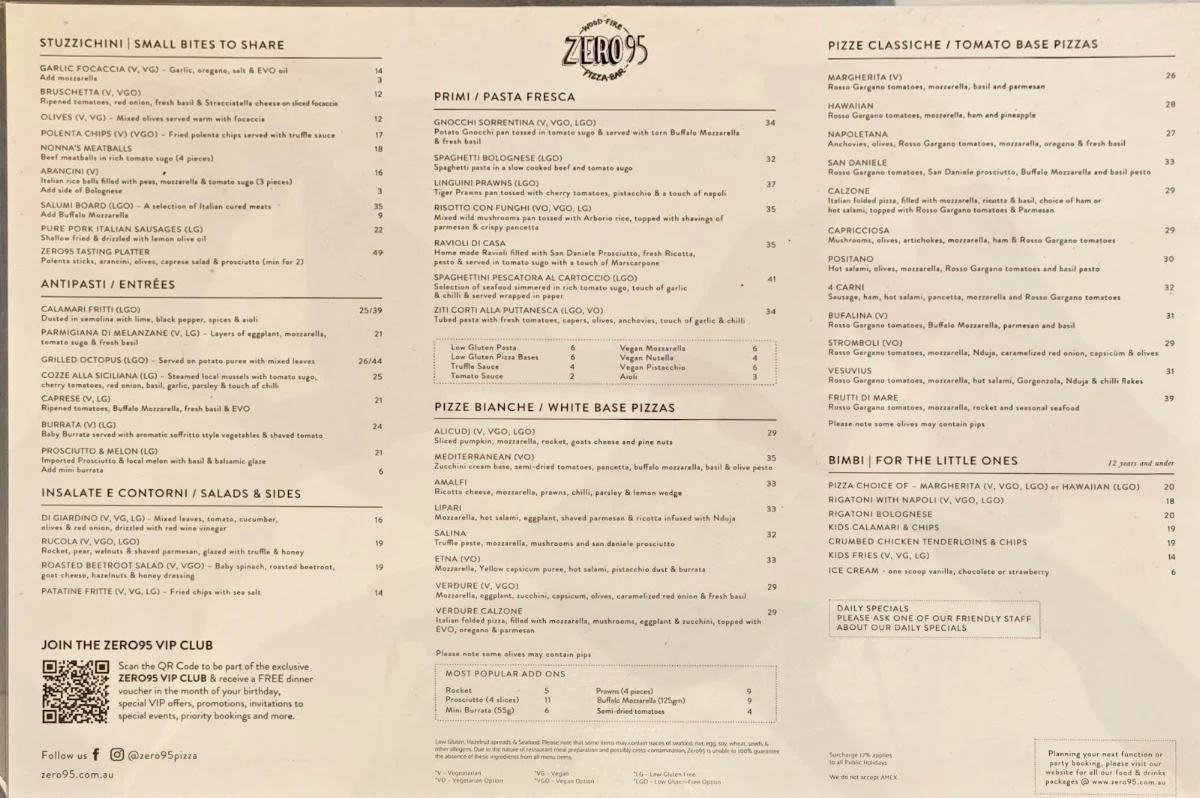 Menu, Zero95 Pizza Bar Doncaster East