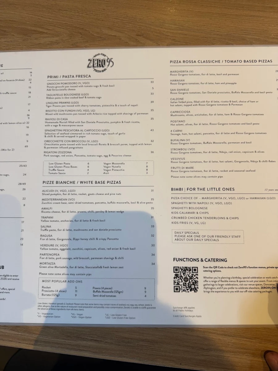 Menu, Zero95 Pizza Bar Doncaster East