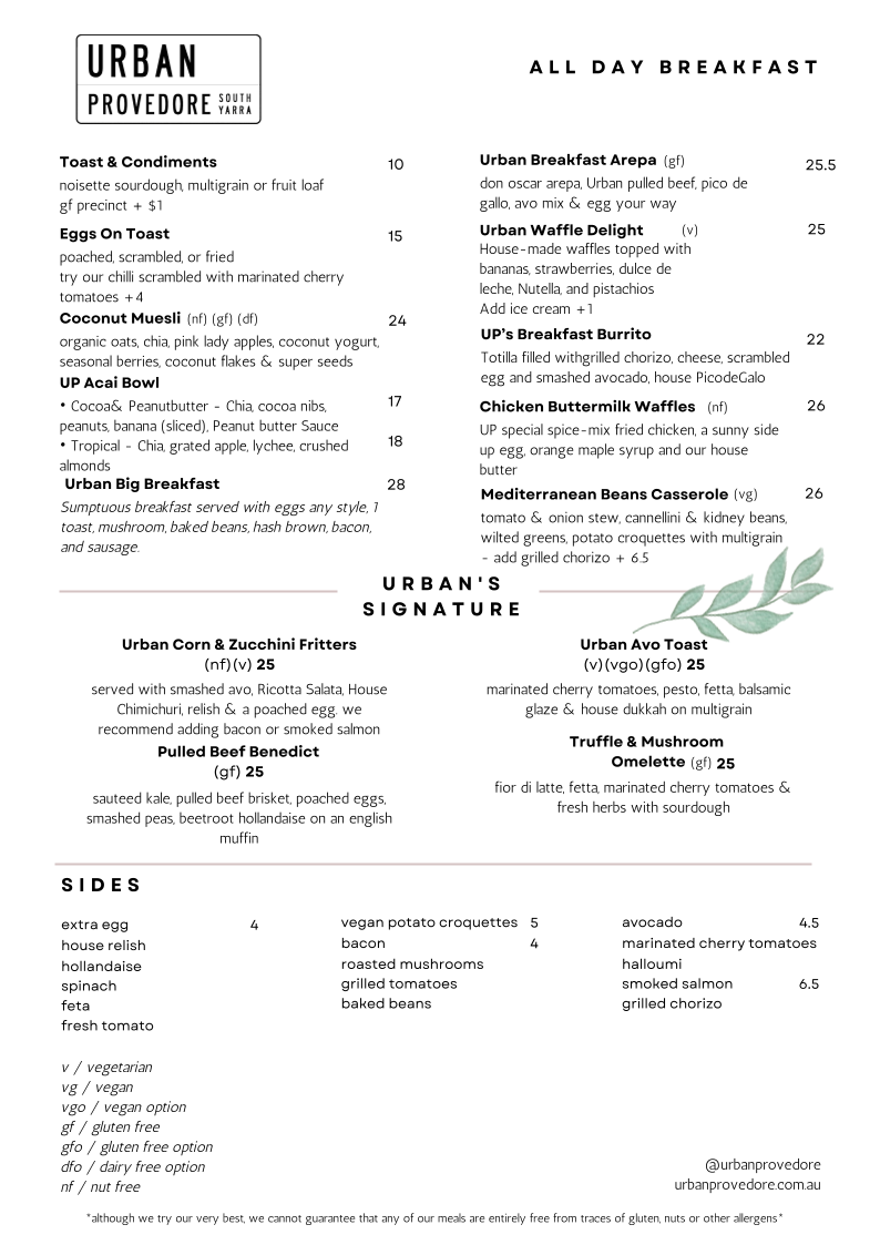 Menu, Urban Provedore