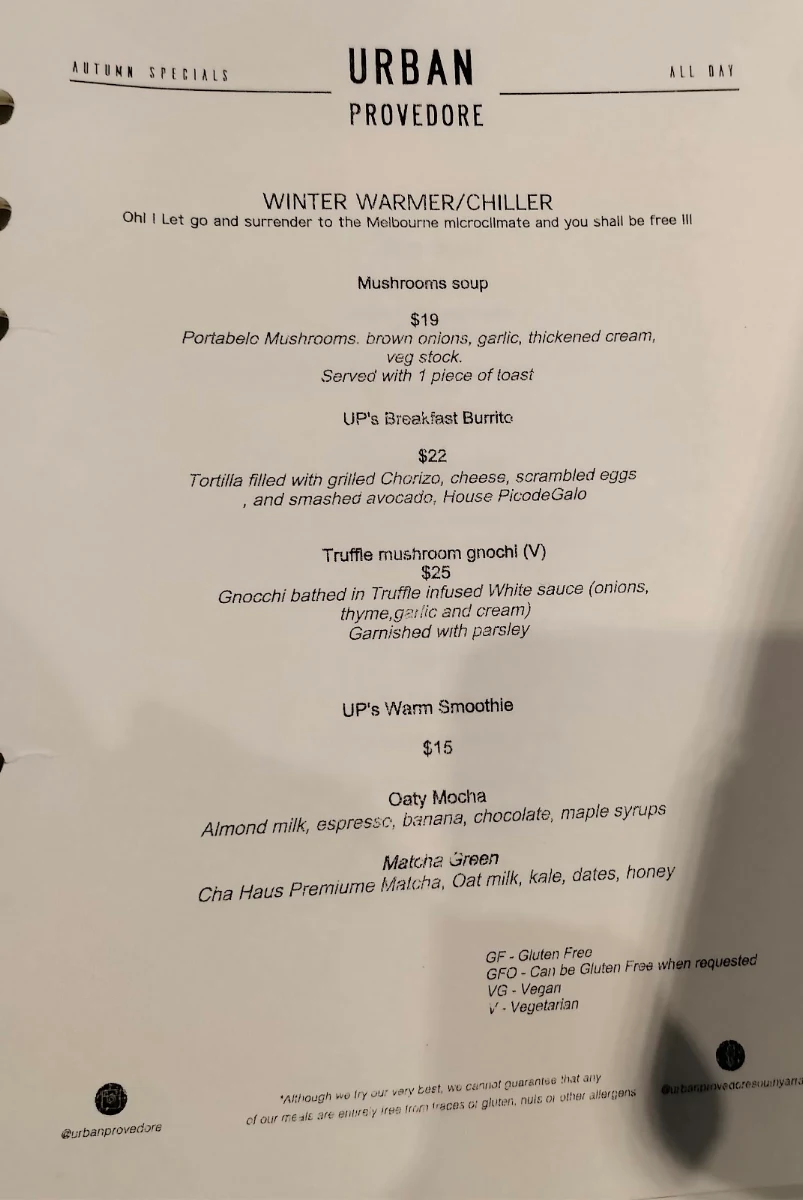 Menu, Urban Provedore