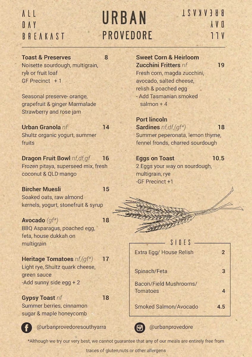 Menu, Urban Provedore