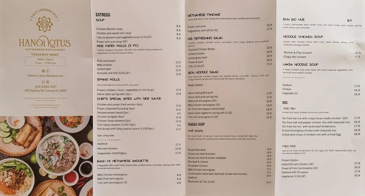Menu, Hanoi Lotus