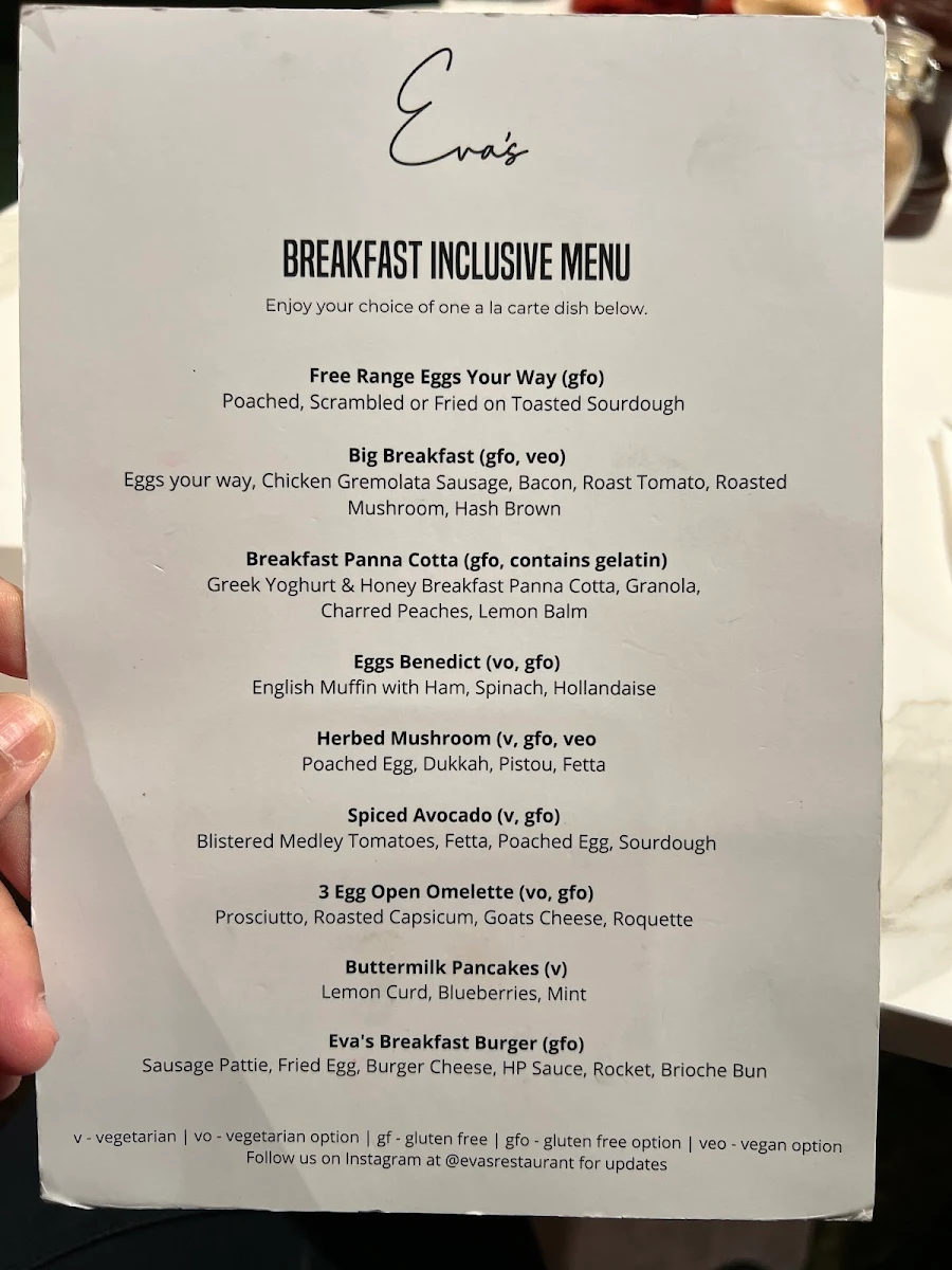 Menu, Eva's Restaurant and Bar
