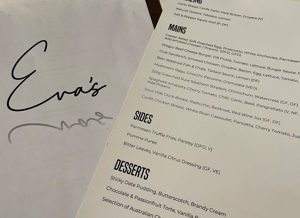 Menu, Eva's Restaurant and Bar