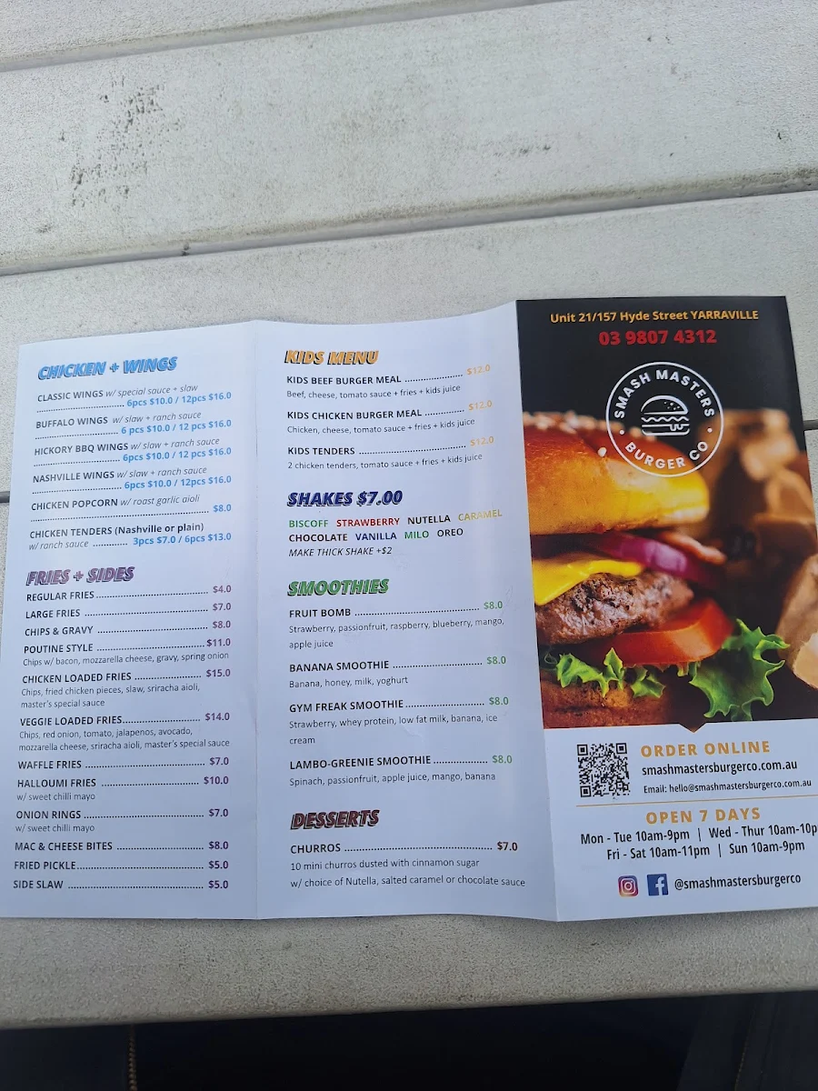 Menu, Smash Masters Burger Co