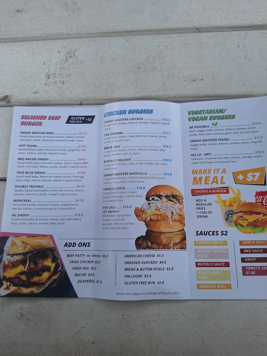 Menu, Smash Masters Burger Co
