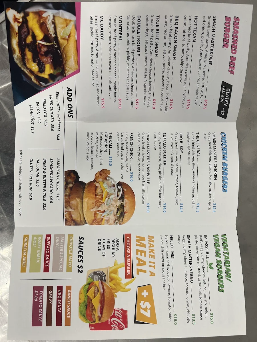 Menu, Smash Masters Burger Co