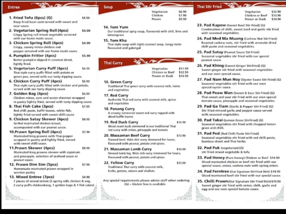 Menu, Ferntree Thai Restaurant