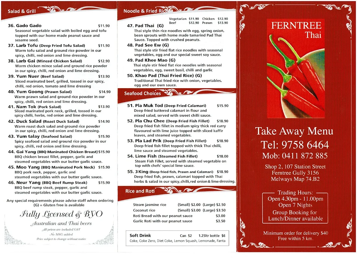 Menu, Ferntree Thai Restaurant