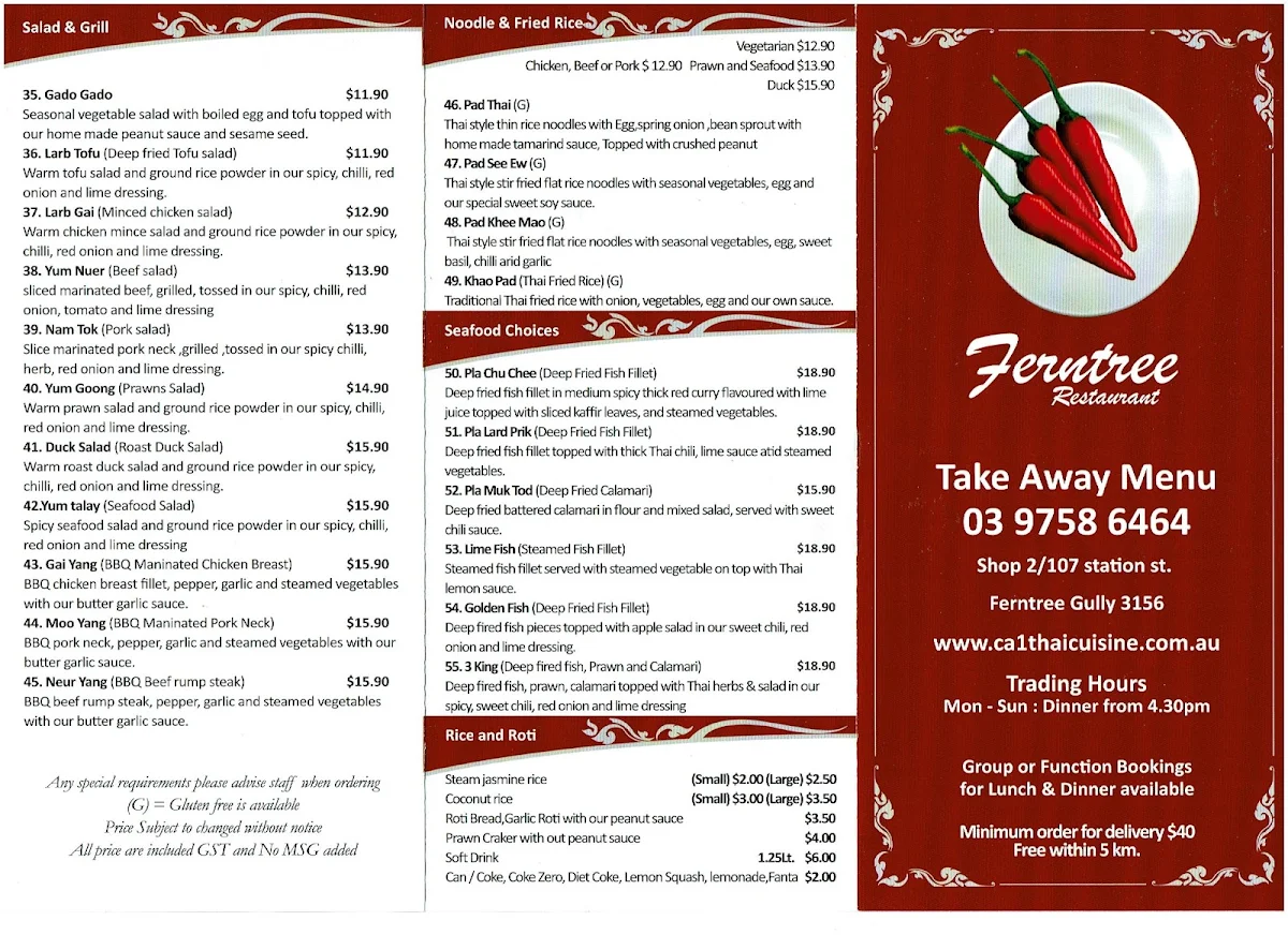 Menu, Ferntree Thai Restaurant