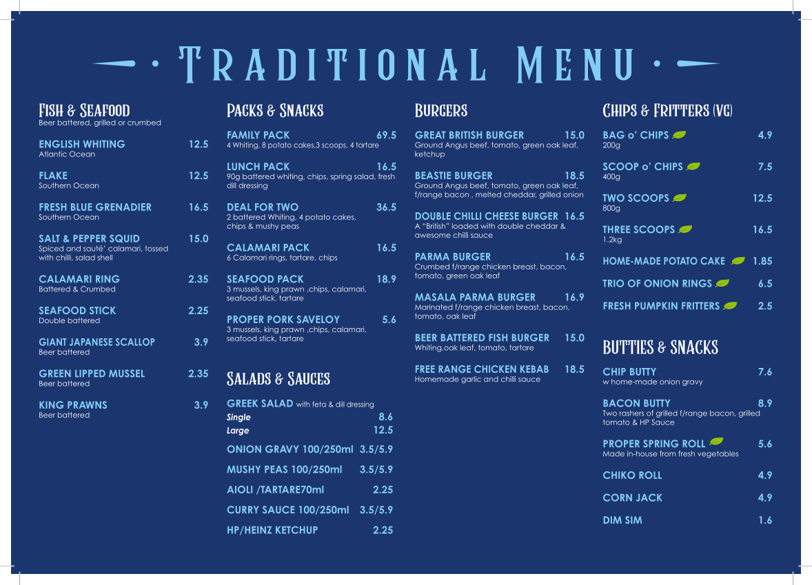 Menu, Northcote Fish & Chips