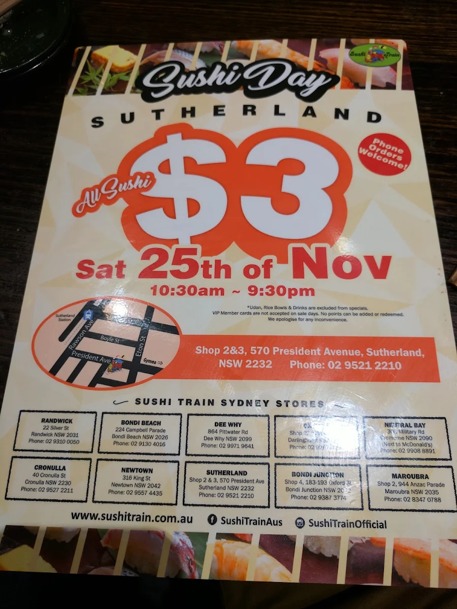 Menu, Sushi Train Sutherland