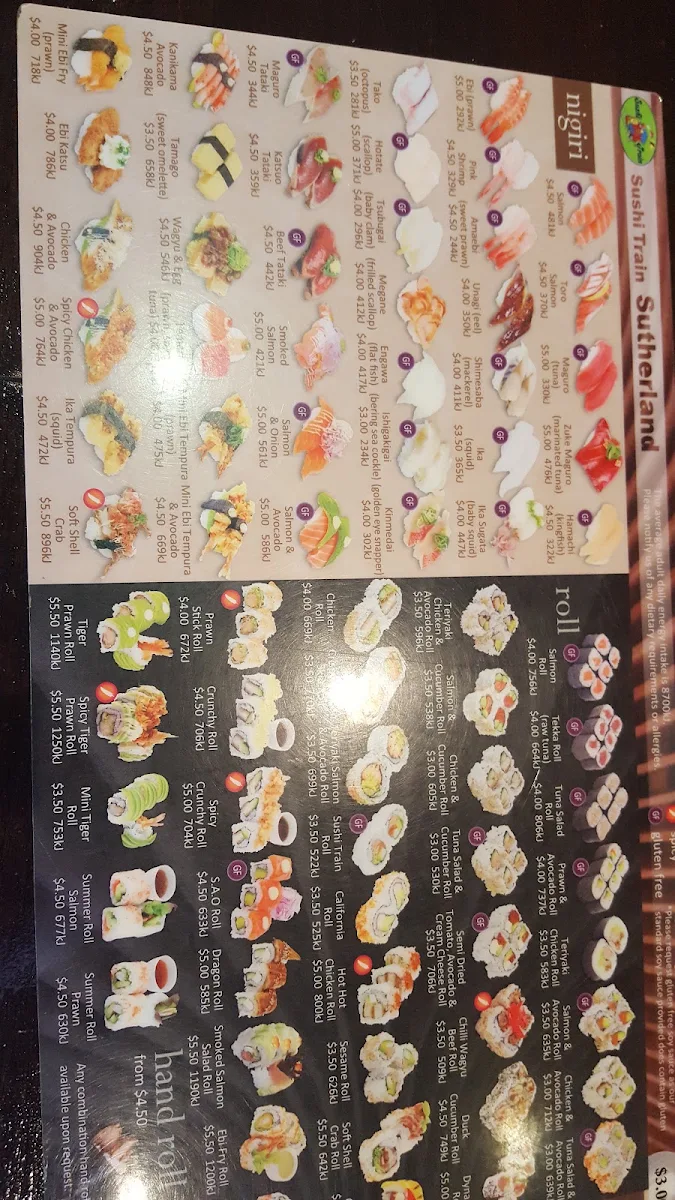 Menu, Sushi Train Sutherland