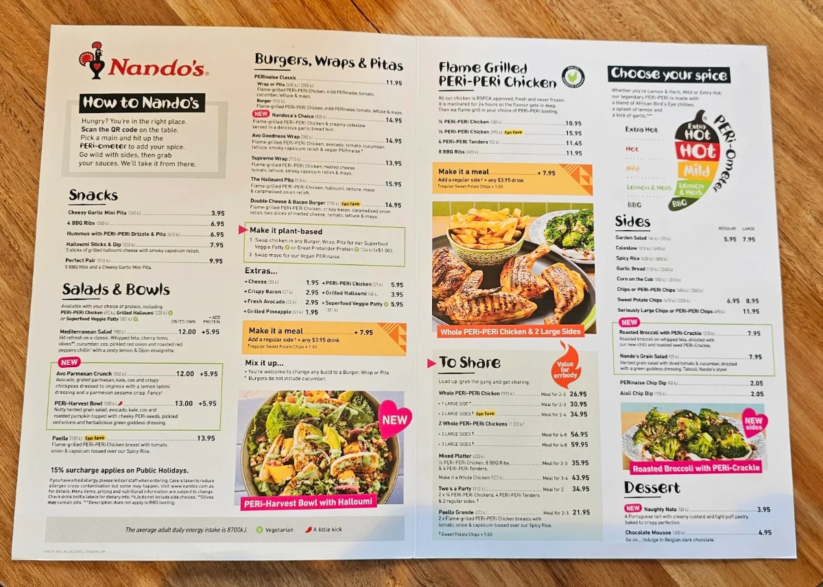 Menu, Nando's Midland