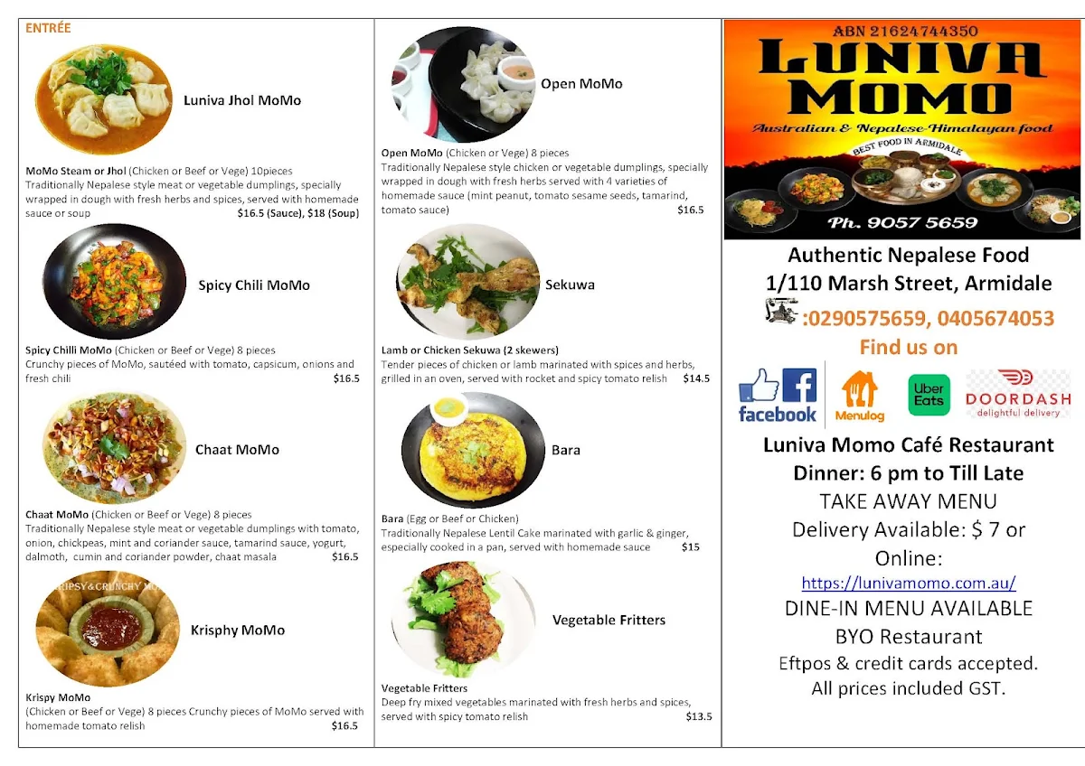 Menu, Luniva MoMo Cafe Restaurant