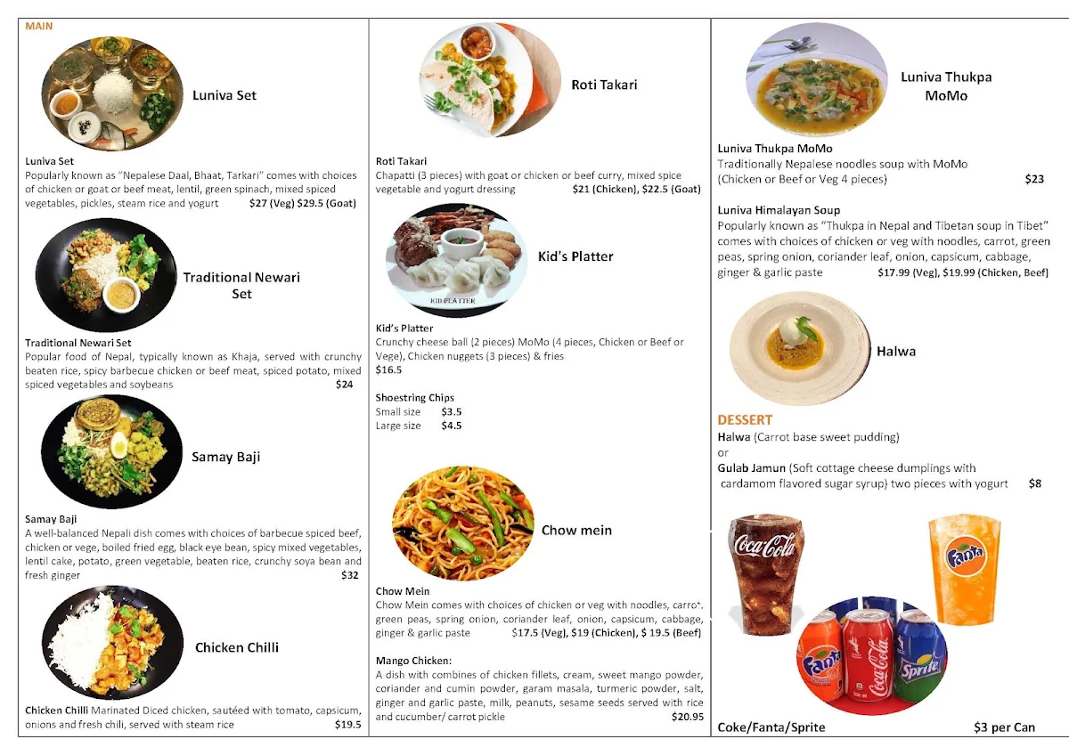Menu, Luniva MoMo Cafe Restaurant