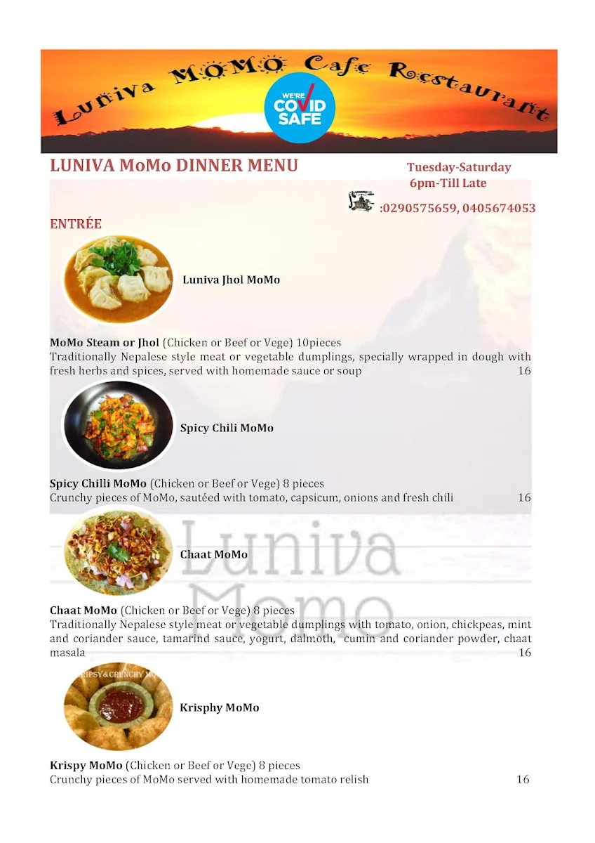 Menu, Luniva MoMo Cafe Restaurant