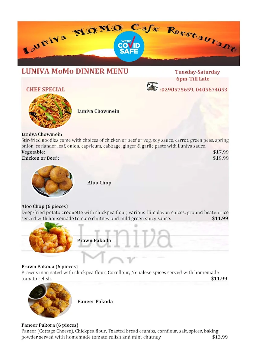 Menu, Luniva MoMo Cafe Restaurant