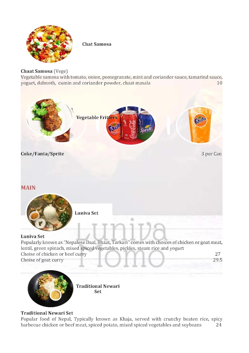 Menu, Luniva MoMo Cafe Restaurant