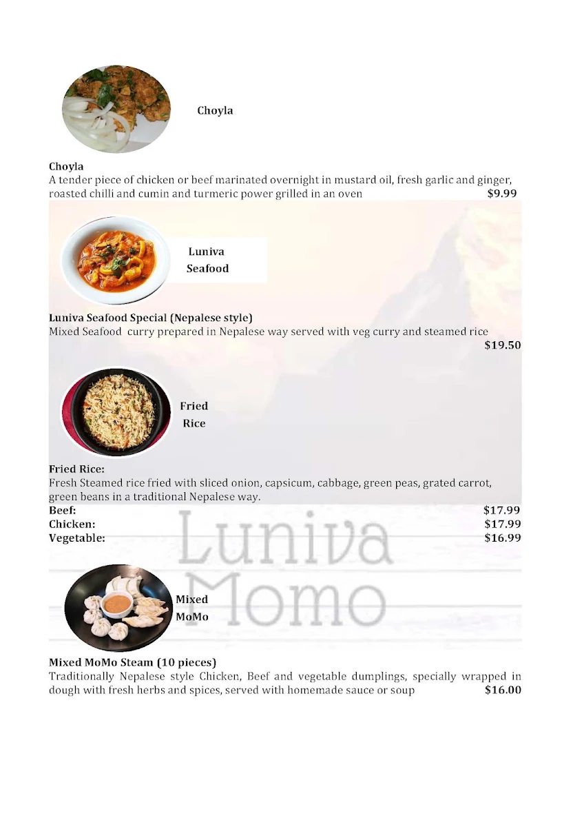 Menu, Luniva MoMo Cafe Restaurant