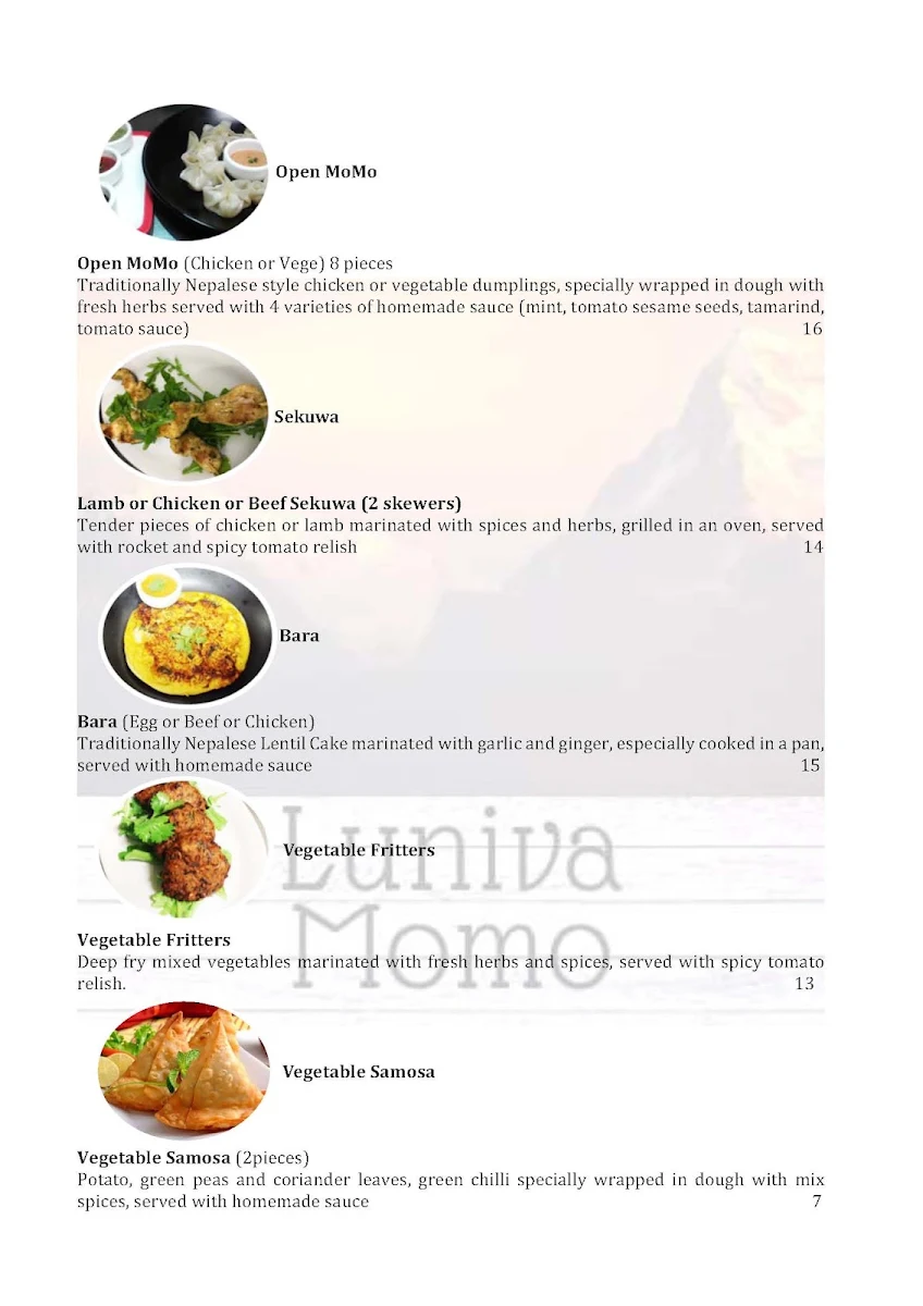 Menu, Luniva MoMo Cafe Restaurant