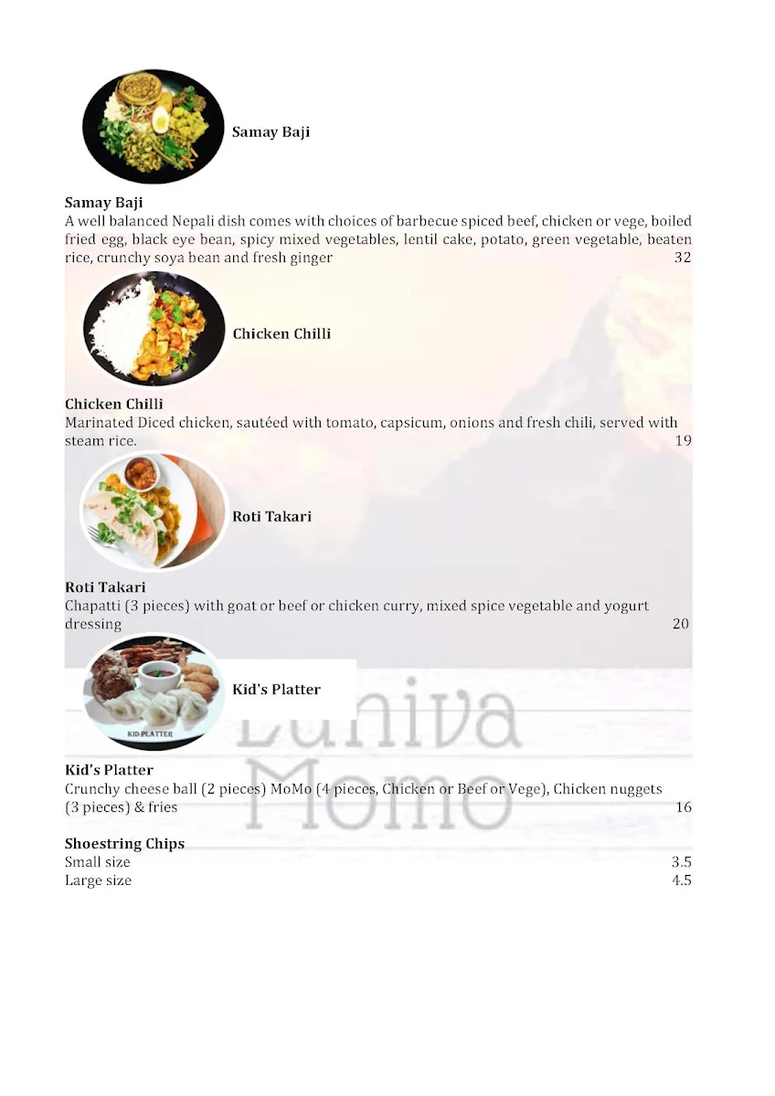 Menu, Luniva MoMo Cafe Restaurant