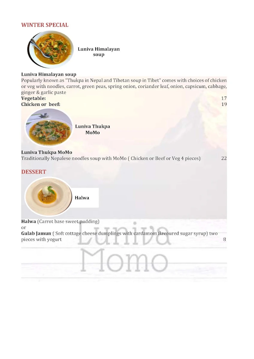 Menu, Luniva MoMo Cafe Restaurant