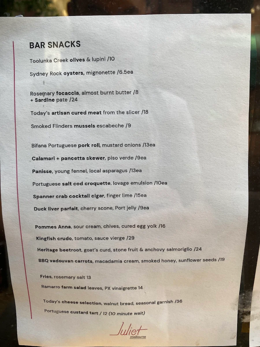 Menu, Juliet Melbourne