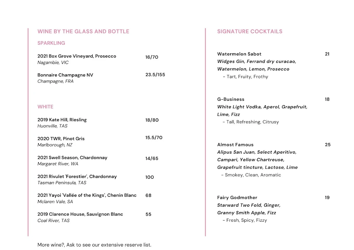 Menu, Juliet Melbourne