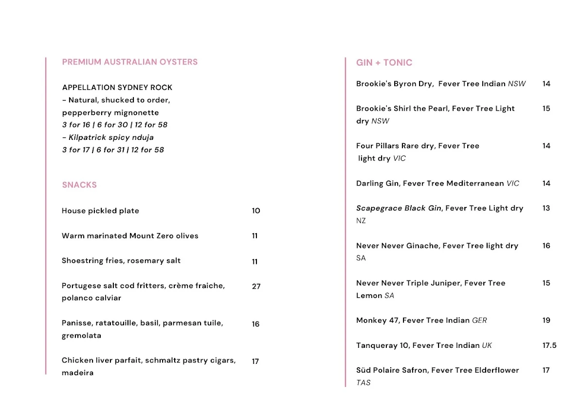 Menu, Juliet Melbourne