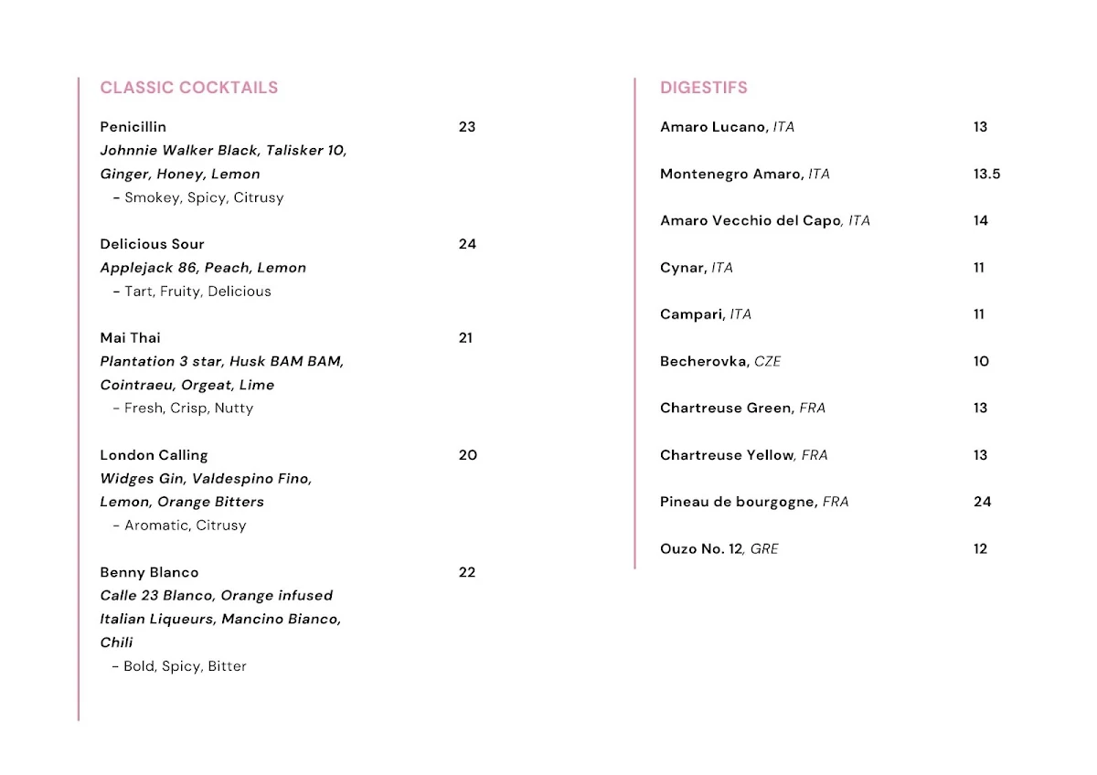 Menu, Juliet Melbourne