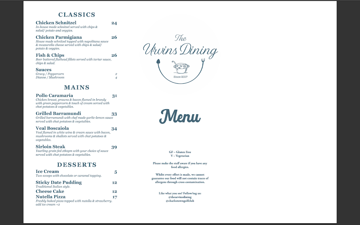 Menu, The Urvins Dining