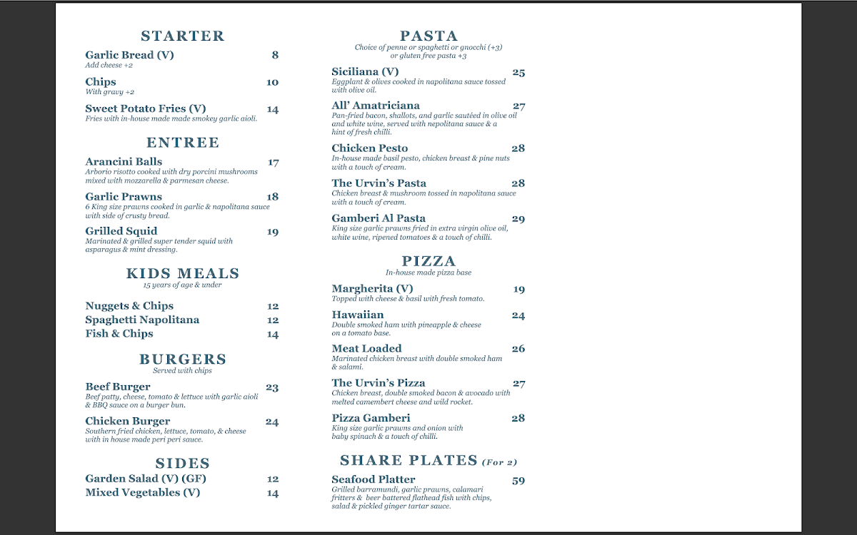 Menu, The Urvins Dining
