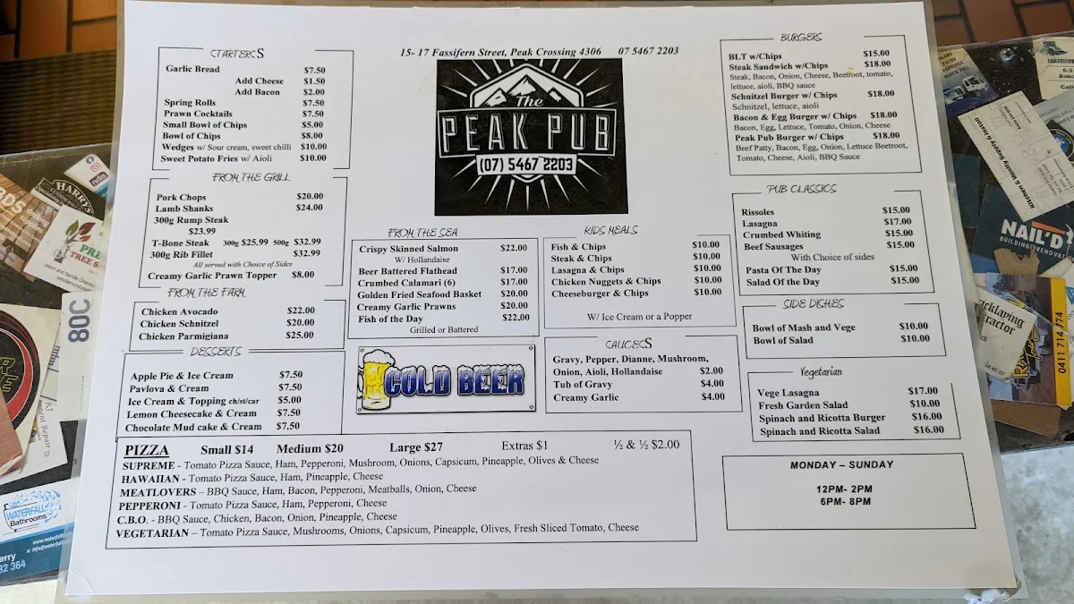 Menu, The Peak Pub