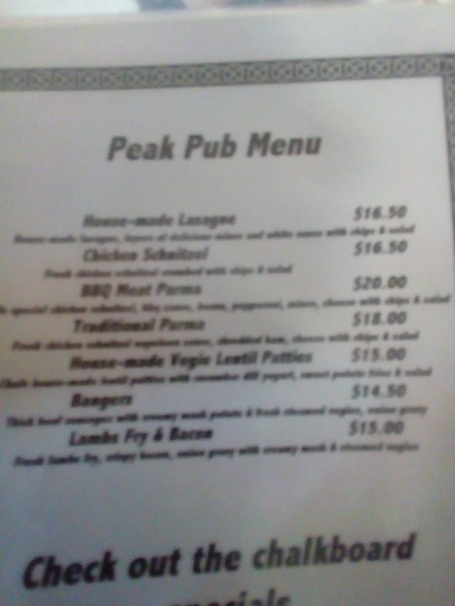 Menu, The Peak Pub