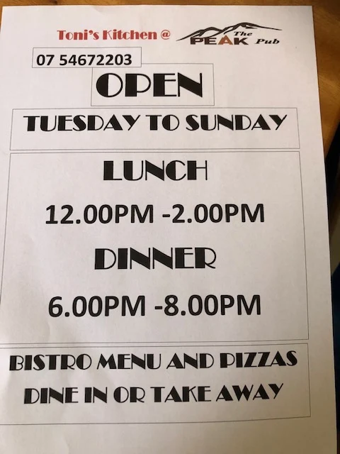 Menu, The Peak Pub