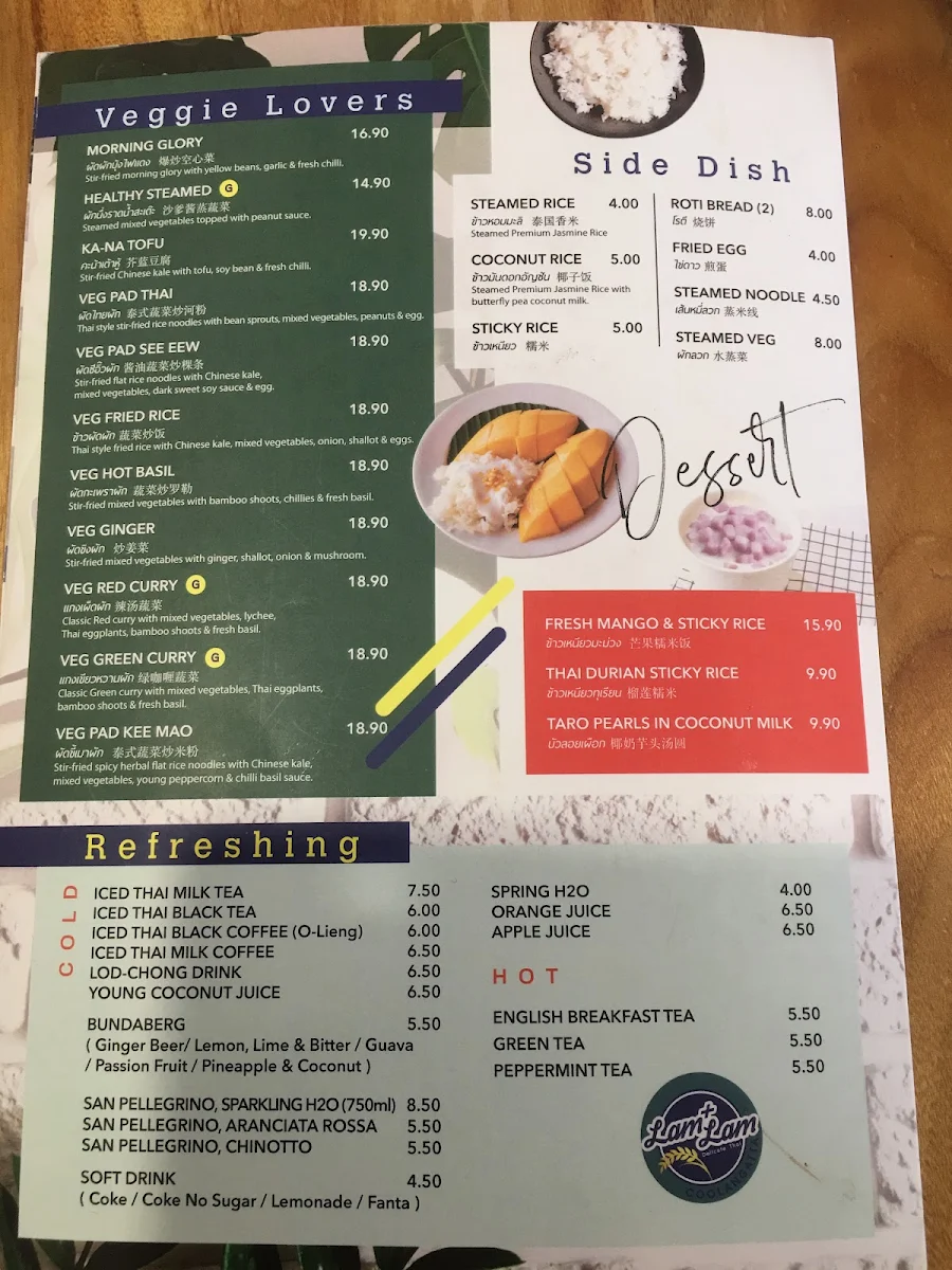 Menu, Lam Lam Delicate Thai