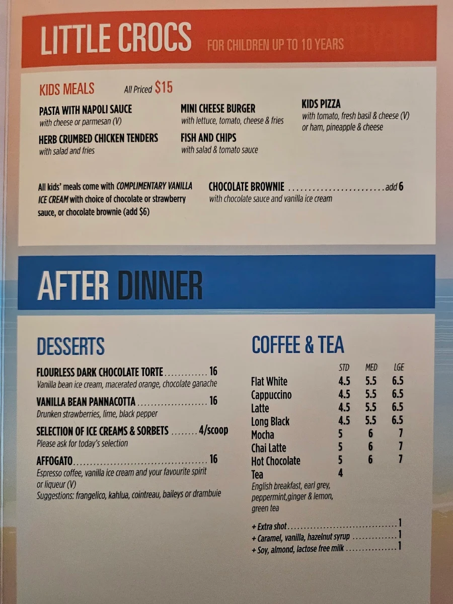 Menu, Club Croc Bistro