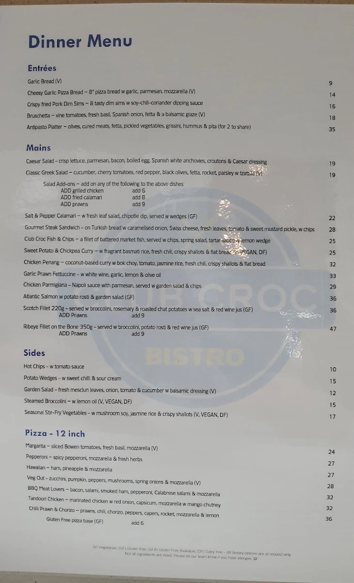 Menu, Club Croc Bistro