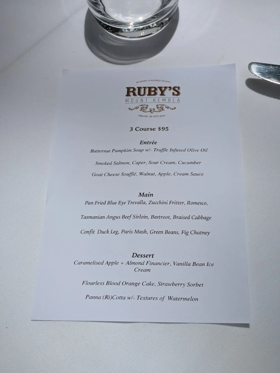 Menu, Ruby's Mount Kembla Restaurant