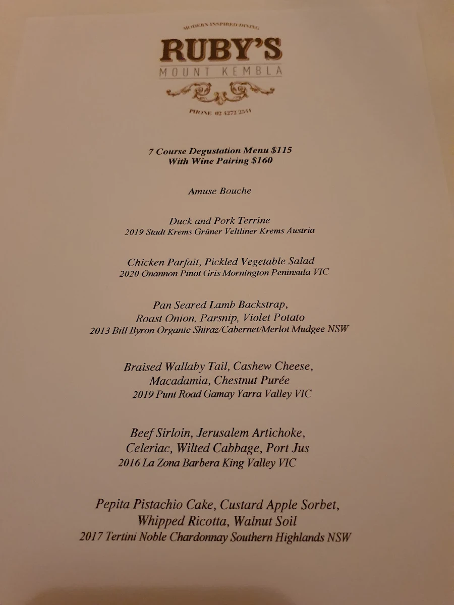 Menu, Ruby's Mount Kembla Restaurant