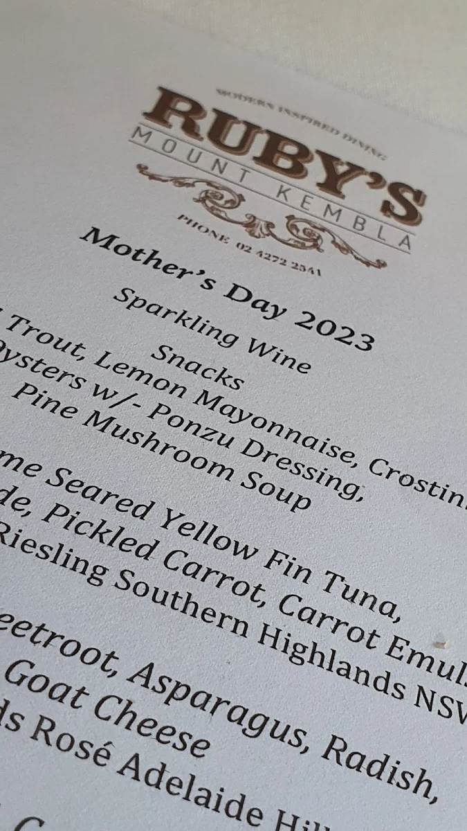Menu, Ruby's Mount Kembla Restaurant