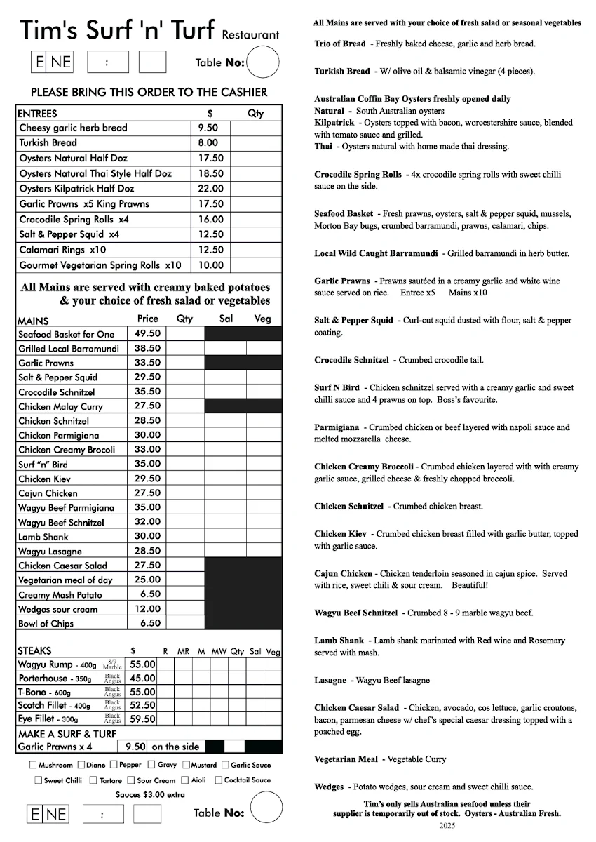 Menu, Tim's Surf & Turf